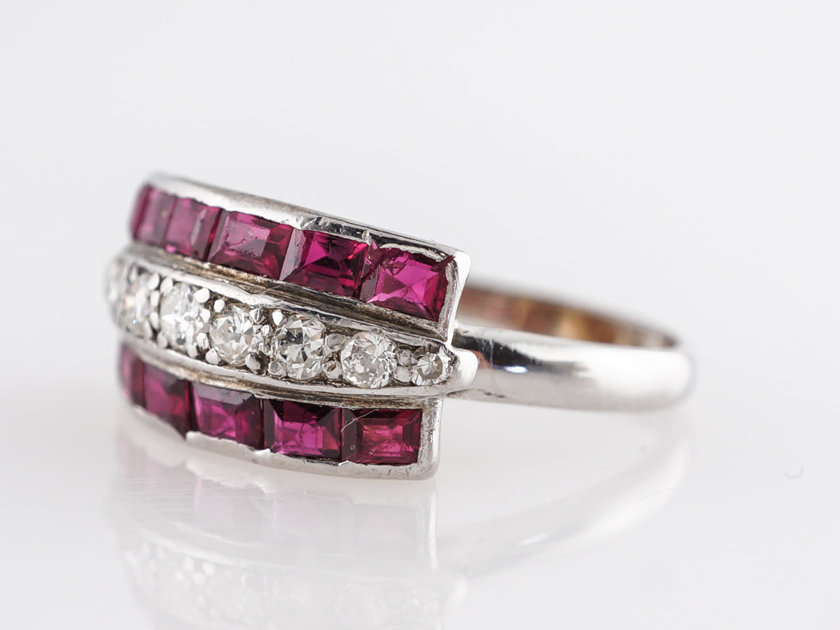 Art Deco Ruby and Diamond Cocktail Ring in 14k White Gold