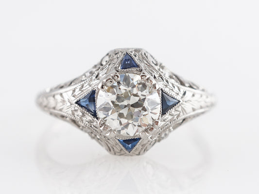 Art Deco Diamond Engagement Ring in Platinum w/ Sapphire Accents