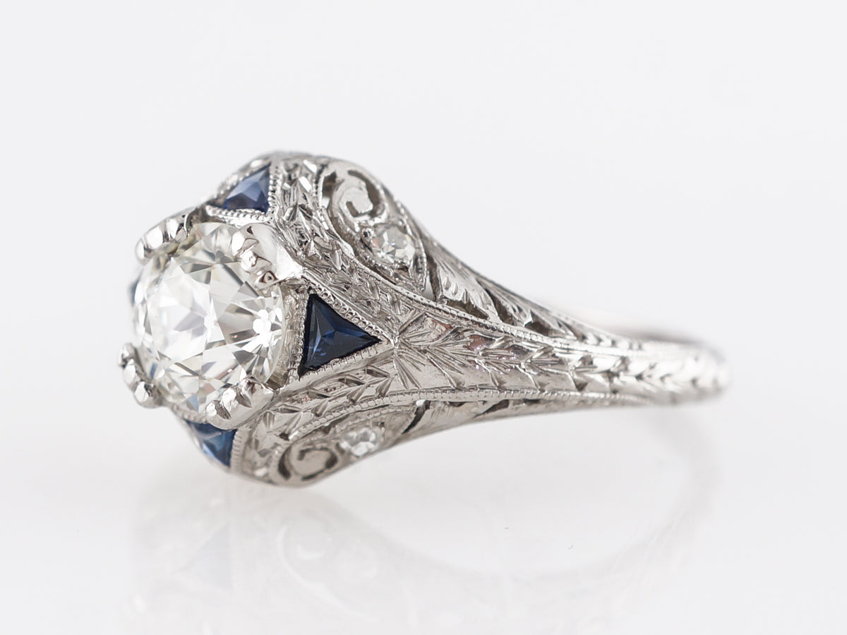 Art Deco Diamond Engagement Ring in Platinum w/ Sapphire Accents