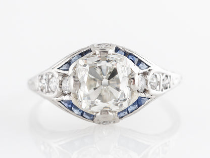 Art Deco Diamond w/ Sapphire Engagement Ring in Platinum