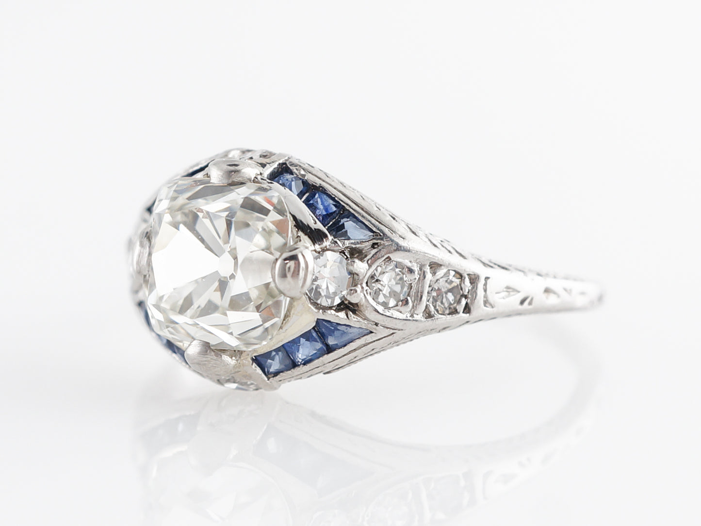 Art Deco Diamond w/ Sapphire Engagement Ring in Platinum