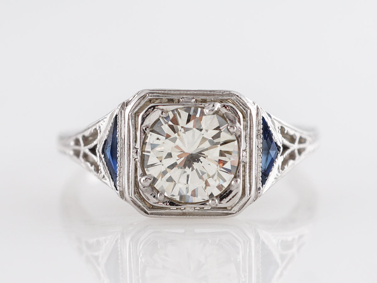 1930's Deco Diamond & Sapphire Engagement in 18k White Gold