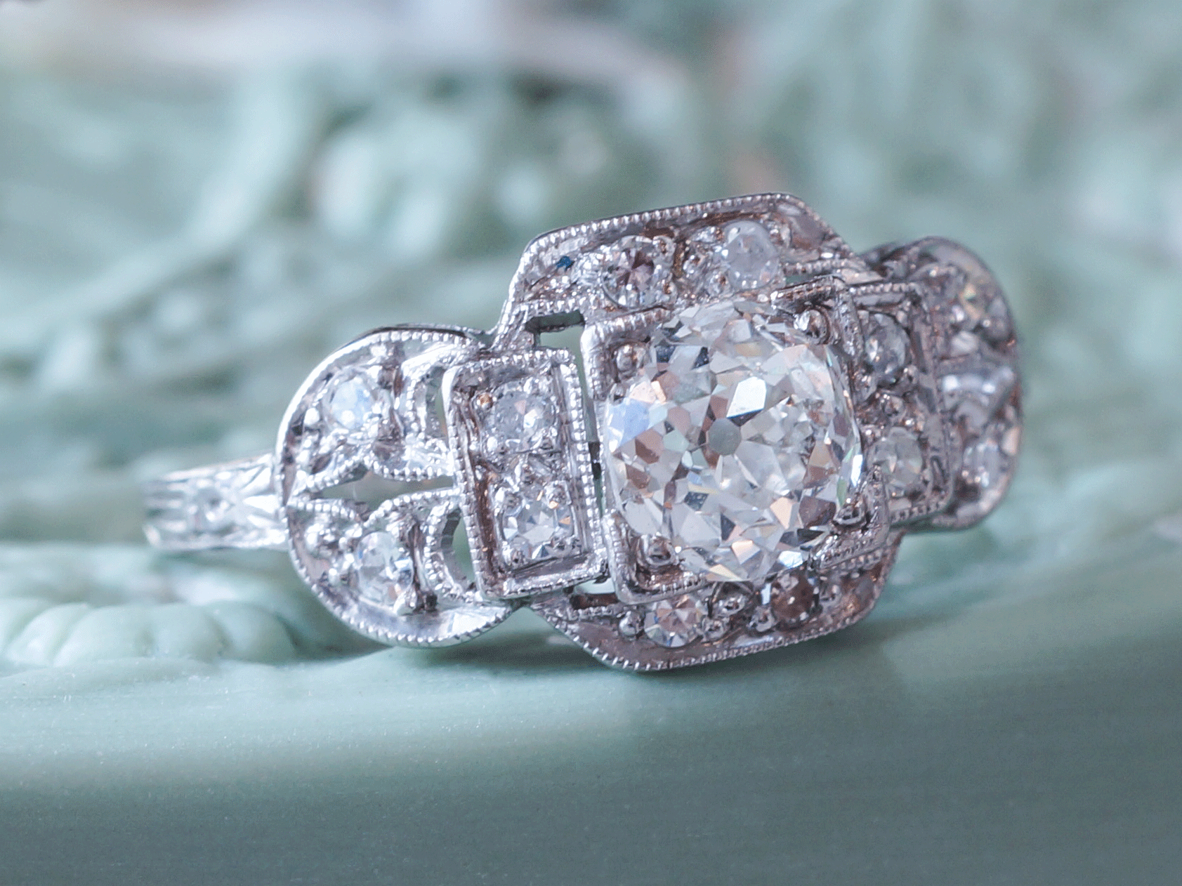 Art Deco European GIA Diamond Engagement Ring in Platinum