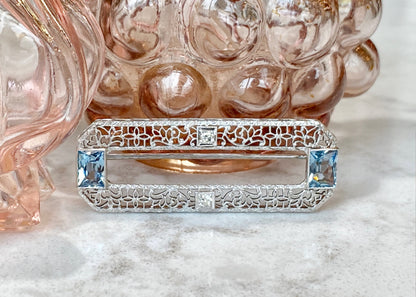 Art Deco Filigree Brooch w/ Aquamarines & Diamonds