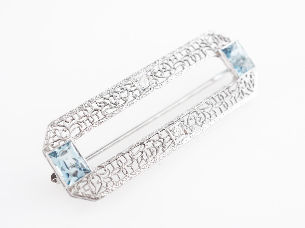 Art Deco Filigree Brooch w/ Aquamarines & Diamonds