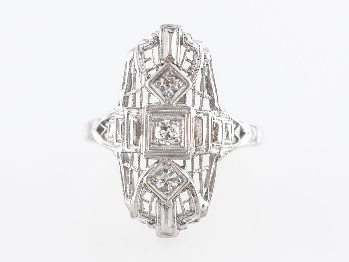 Art Deco Filigree Cocktail Ring w/ Diamonds 14k White Gold