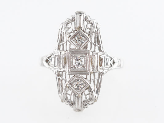 Art Deco Filigree Cocktail Ring w/ Diamonds 14k White Gold