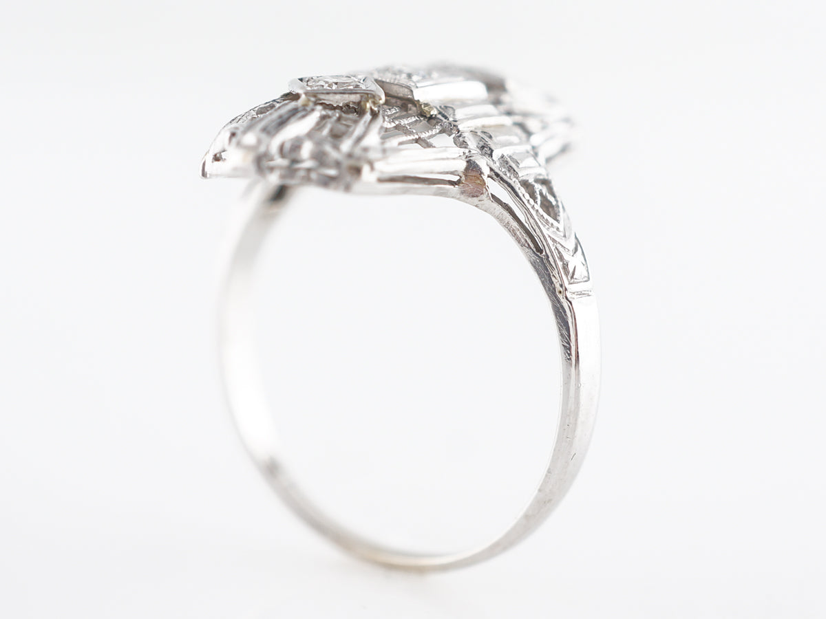 Art Deco Filigree Cocktail Ring w/ Diamonds 14k White Gold