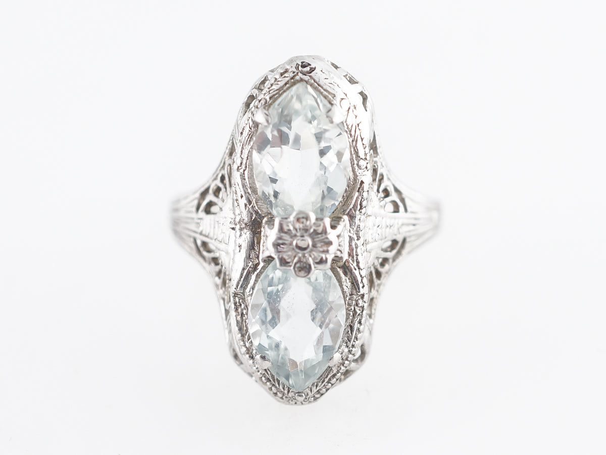 Art Deco Filigree Cocktail Ring w/ Marquis Aquamarine 14k