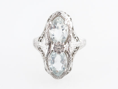 Art Deco Filigree Cocktail Ring w/ Marquis Aquamarine 14k