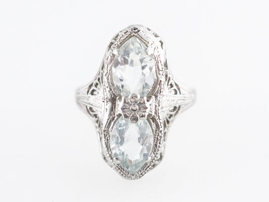 Art Deco Filigree Cocktail Ring w/ Marquis Aquamarine 14k