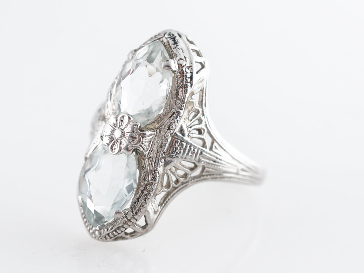 Art Deco Filigree Cocktail Ring w/ Marquis Aquamarine 14k