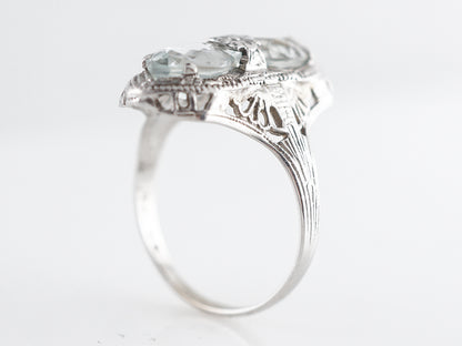 Art Deco Filigree Cocktail Ring w/ Marquis Aquamarine 14k