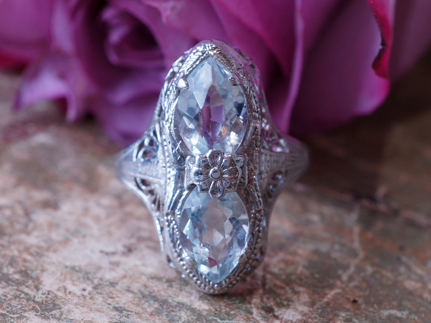 Art Deco Filigree Cocktail Ring w/ Marquis Aquamarine 14k