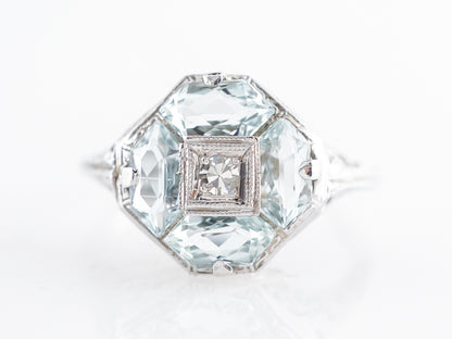 Art Deco Diamond & Aquamarine Cocktail Ring in 18k