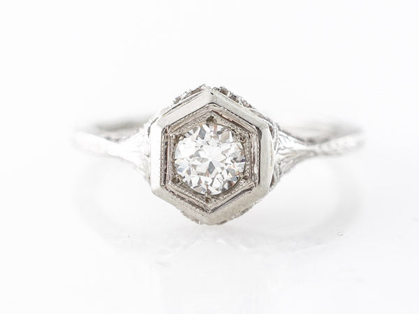 Deco Solitaire Filigree Engagement Ring in White Gold