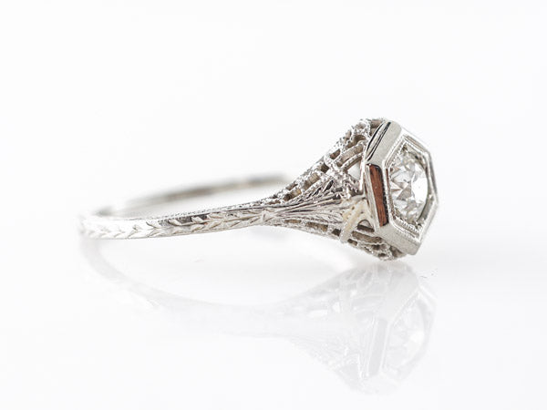 Deco Solitaire Filigree Engagement Ring in White Gold