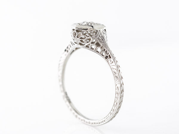 Deco Solitaire Filigree Engagement Ring in White Gold