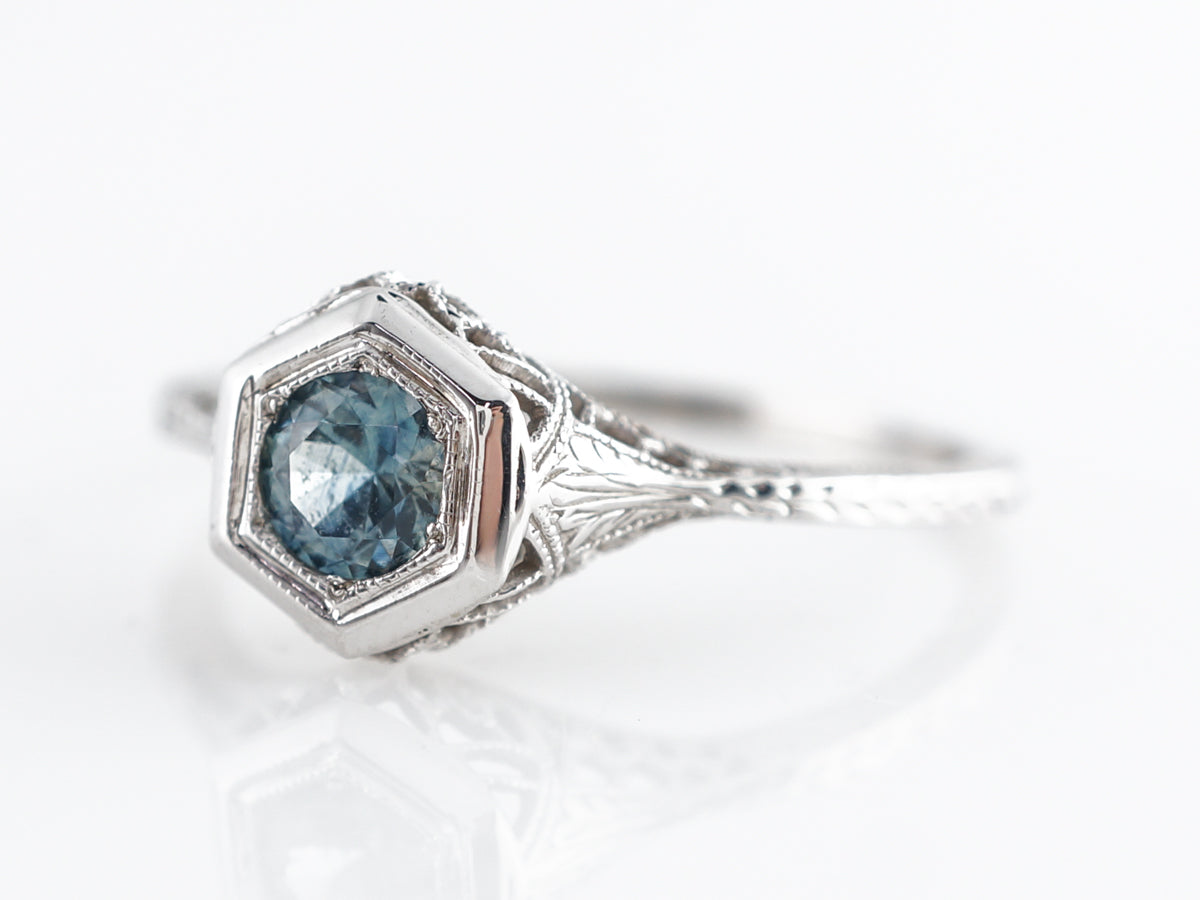 Art Deco Filigree Montana Sapphire Engagement Ring in White Gold