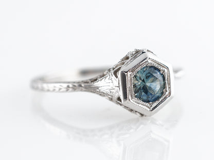 Art Deco Filigree Montana Sapphire Engagement Ring in White Gold