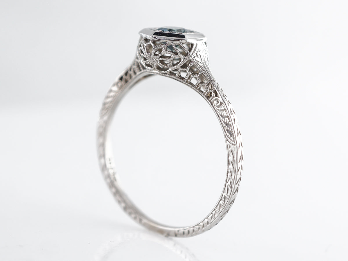 Art Deco Filigree Montana Sapphire Engagement Ring in White Gold