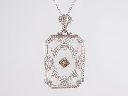 Filigree Art Deco Necklace w/ Single Cut Diamond