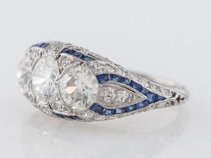 Antique Three Stone Diamond & Sapphire Ring in Platinum