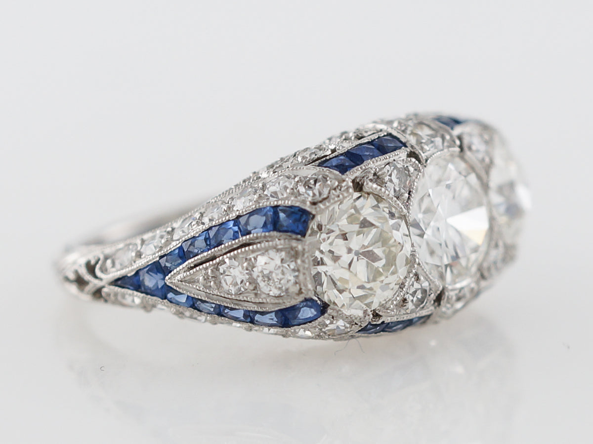 Antique Three Stone Diamond & Sapphire Ring in Platinum