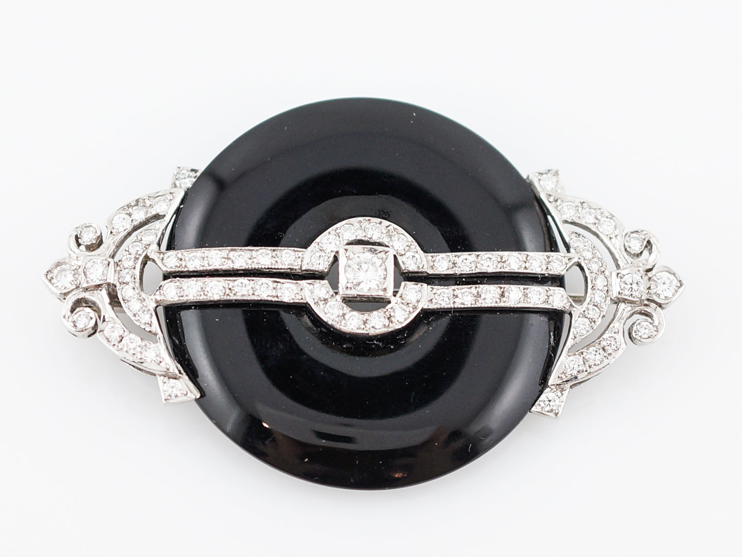 ***RTV***Art Deco Inspired Brooch Modern Onyx & Diamond in 18k White Gold