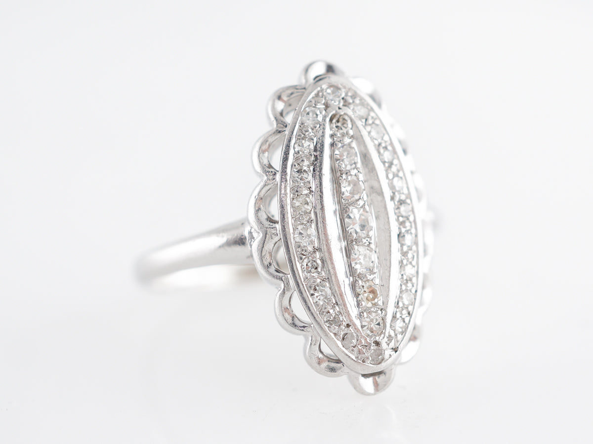 Art Deco Navette Ring w/ Diamonds 14k White Gold