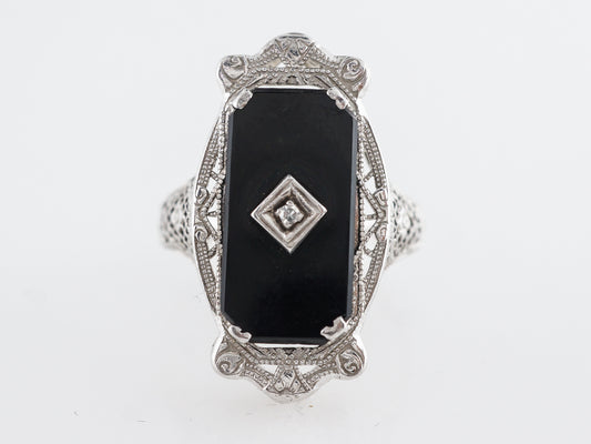 Art Deco Onyx & Diamond Ring in 14k White Gold