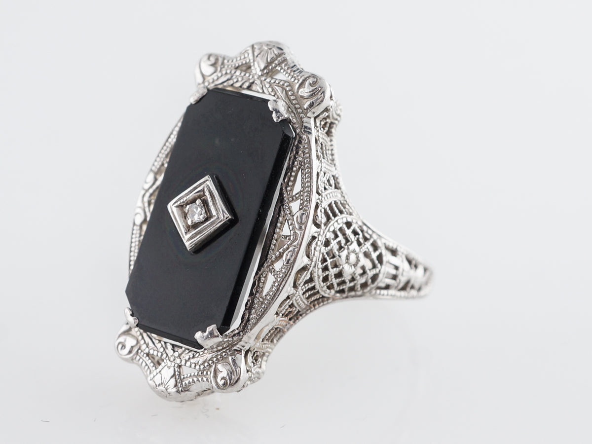 Art Deco Onyx & Diamond Ring in 14k White Gold