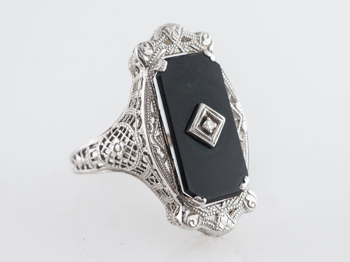 Antique Coffin popular 14K White Gold Onyx Diamond Filigree Ring