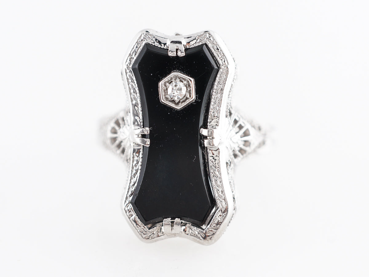 Art Deco Onyx & Diamond Cocktail Ring 14k White Gold