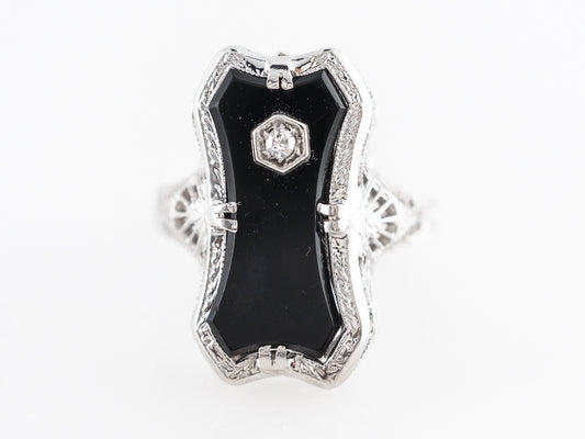 Art Deco Onyx & Diamond Cocktail Ring 14k White Gold