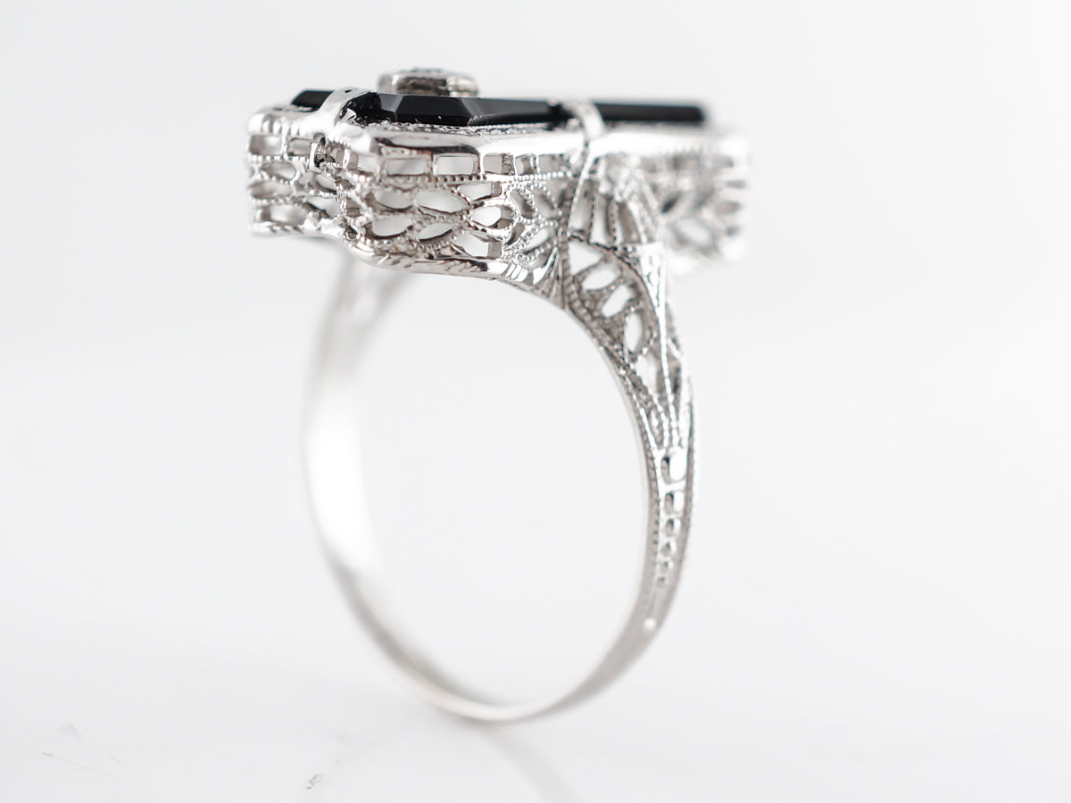 Art Deco Onyx & Diamond Cocktail Ring 14k White Gold