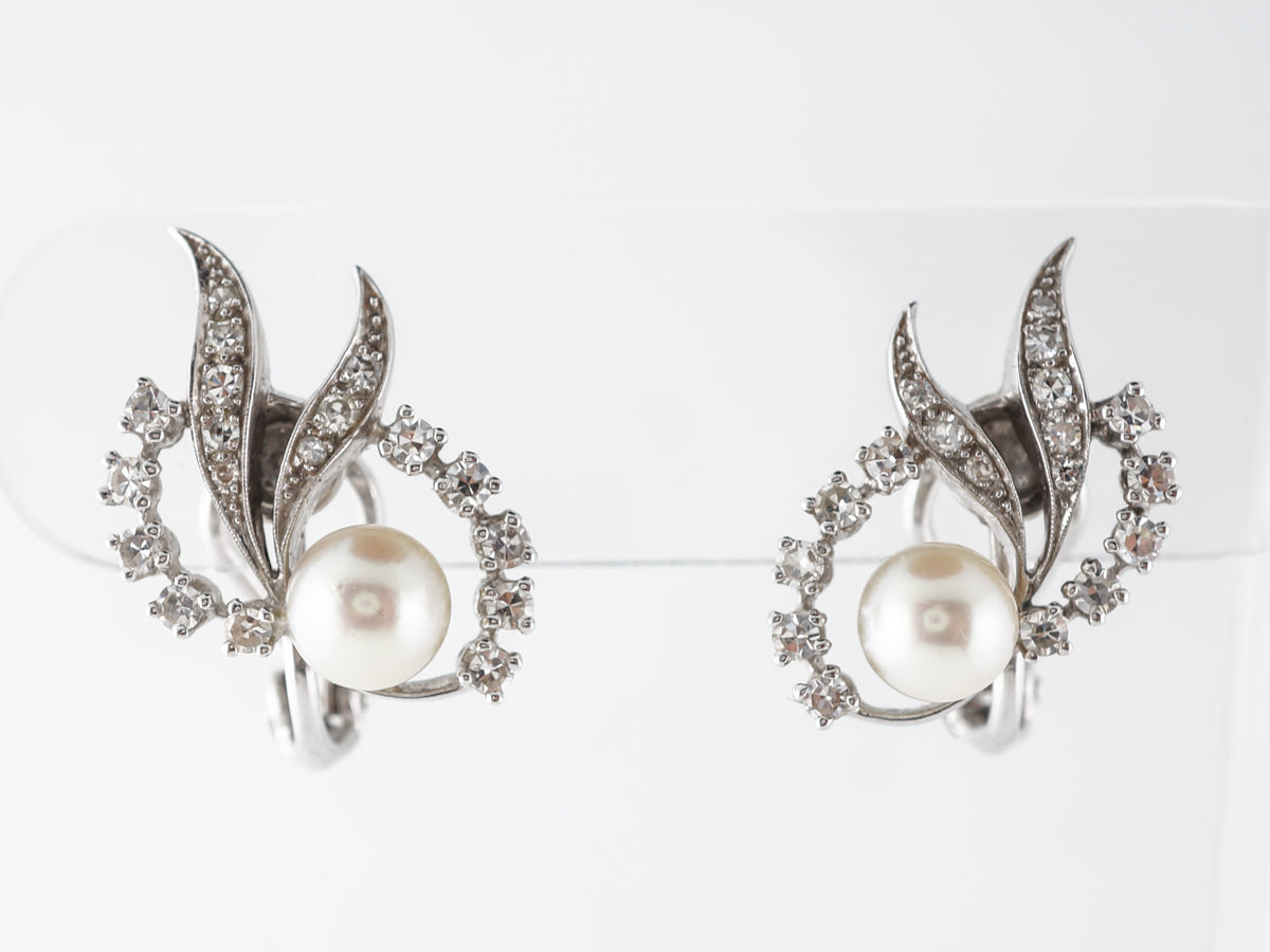 Art Deco Pearl Earrings w/ Diamonds in 14k White Gold