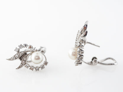 Art Deco Pearl Earrings w/ Diamonds in 14k White Gold