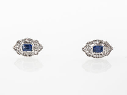 Art Deco Style Stud Earrings w/ Sapphire & Diamonds