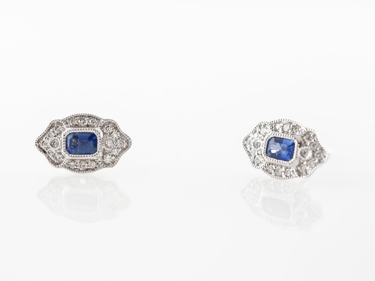 Art Deco Style Stud Earrings w/ Sapphire & Diamonds