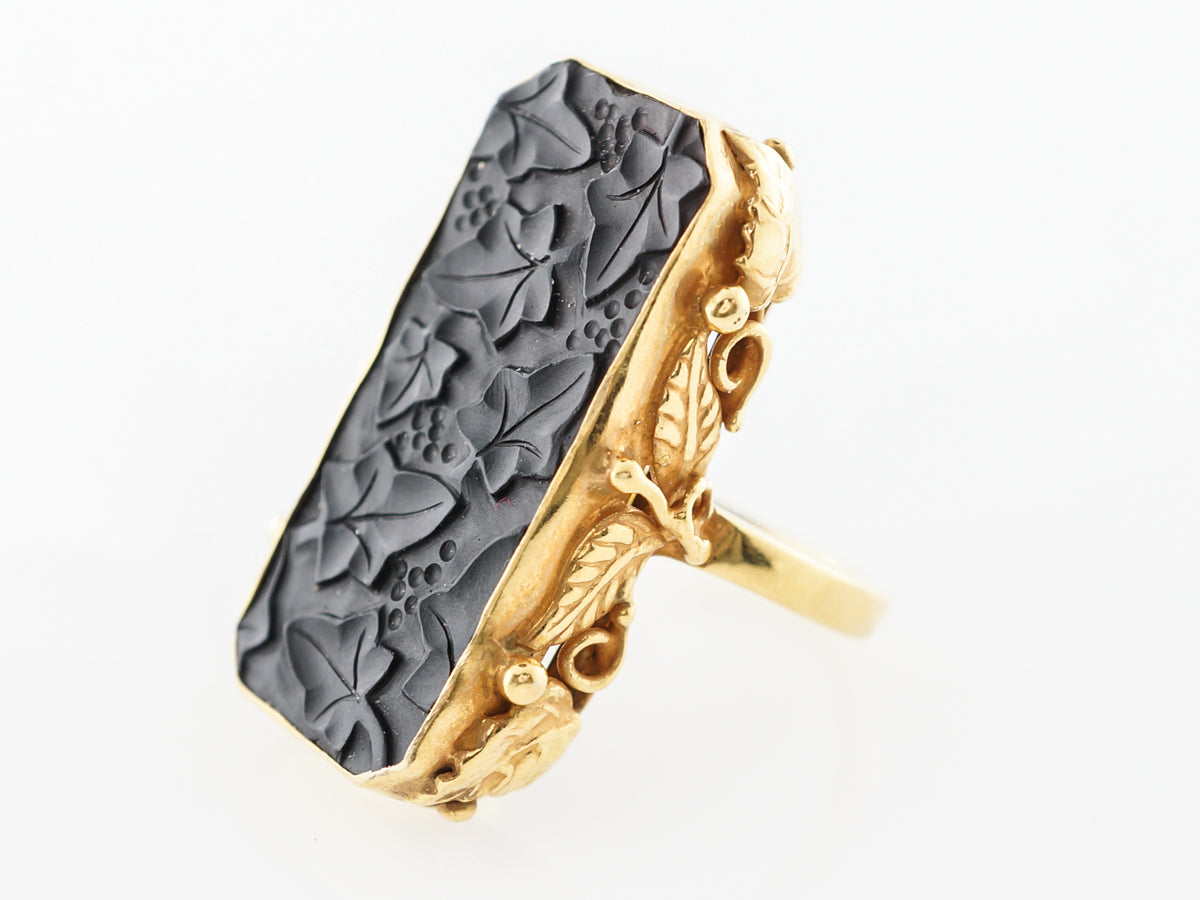 Arts & Crafts Carved Jet Ring 14k Yellow Gold