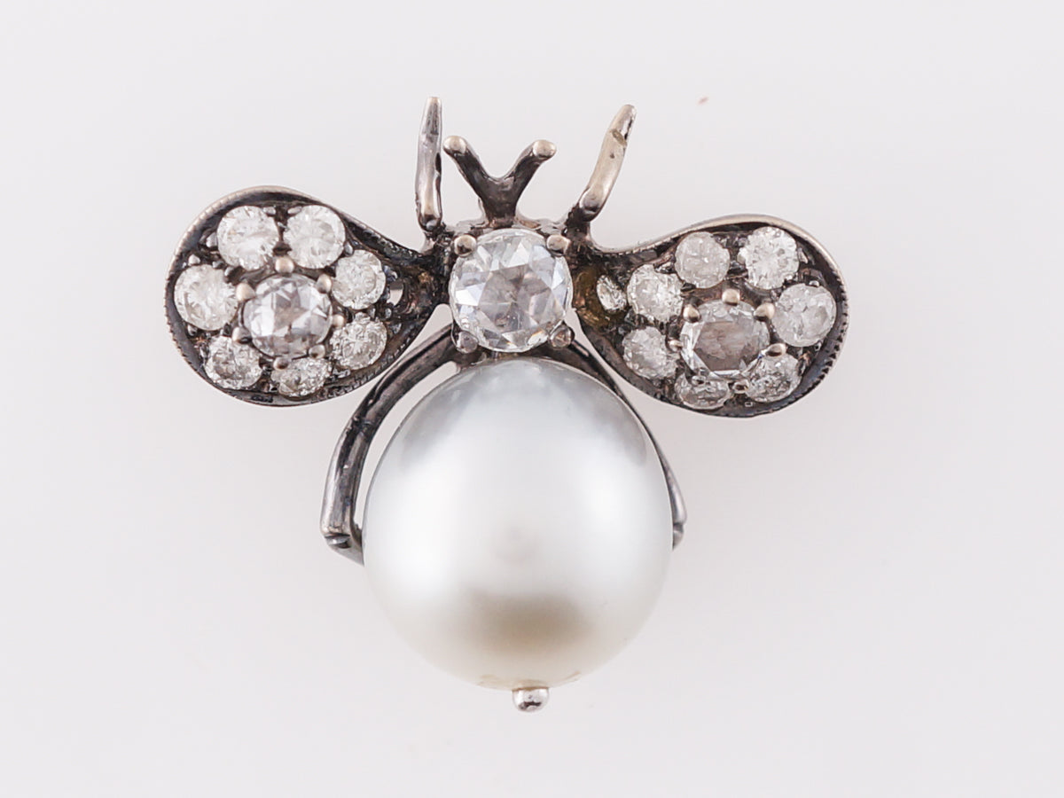 Pearl & Diamond Bee Pin in White Gold