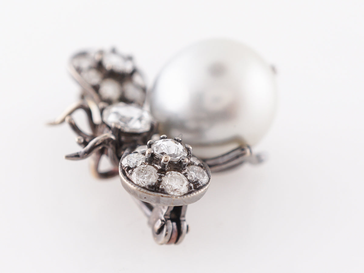 Pearl & Diamond Bee Pin in White Gold