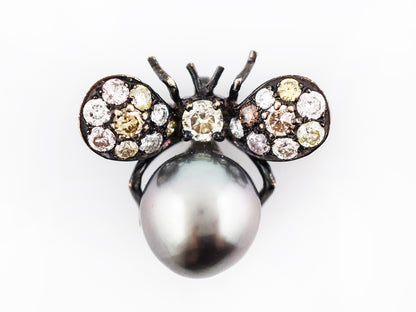 Bug Pin Modern 1.20 Round Brilliant Cut Diamonds & Pearl in 18k Gold