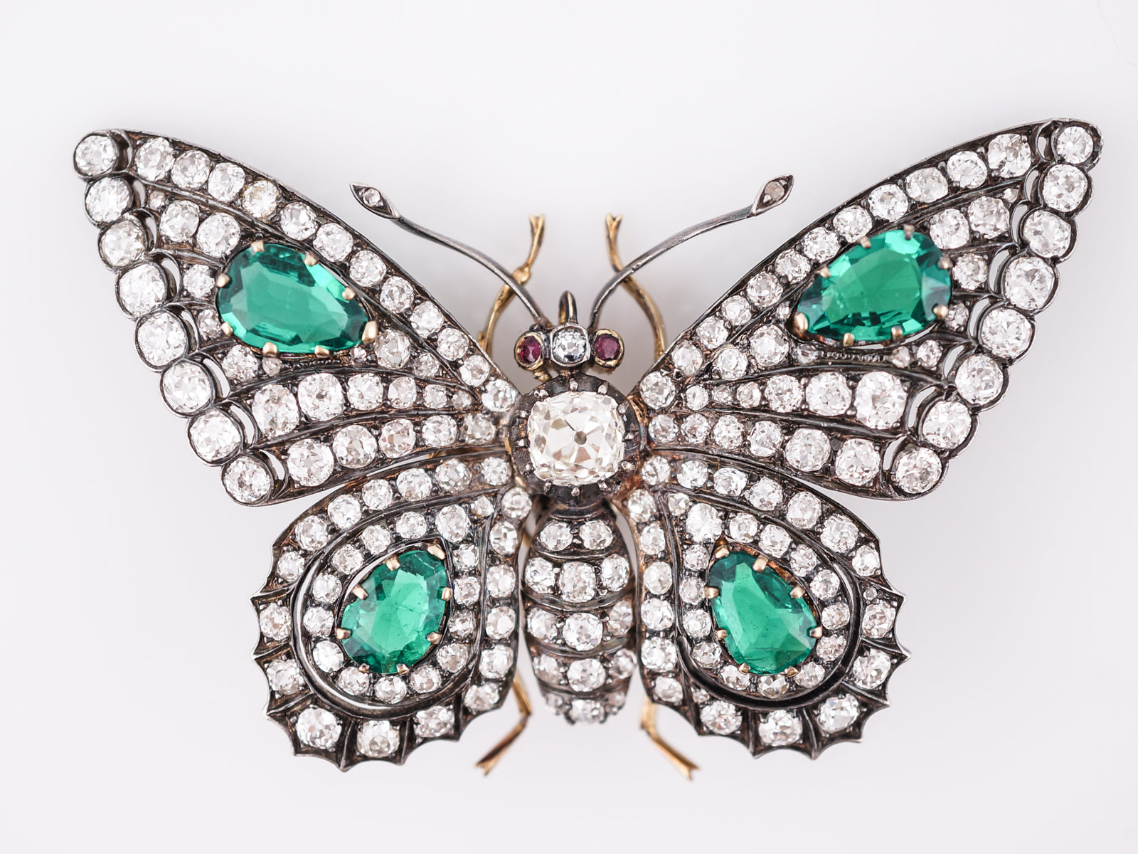 Antique Art Deco Butterfly Brooch 11.20 Old Mine Cut Diamonds & Emeralds in 14k Yellow Gold