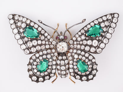 Antique Art Deco Butterfly Brooch 11.20 Old Mine Cut Diamonds & Emeralds in 14k Yellow Gold