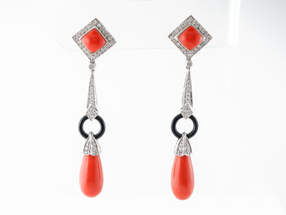 Cabochon Coral & Diamond Dangle Earrings in Platinum