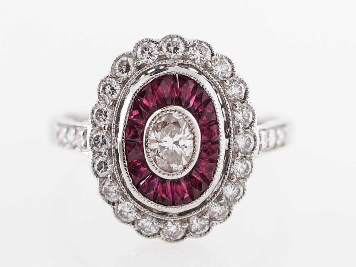 Cocktail Ring Modern .18 Oval Cut Diamond & French Cut Rubies in Platinum
