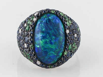 Cocktail Ring Modern 4.63 Cabochon Cut Black Opal in 18k White Gold