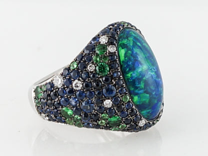 Cocktail Ring Modern 4.63 Cabochon Cut Black Opal in 18k White Gold